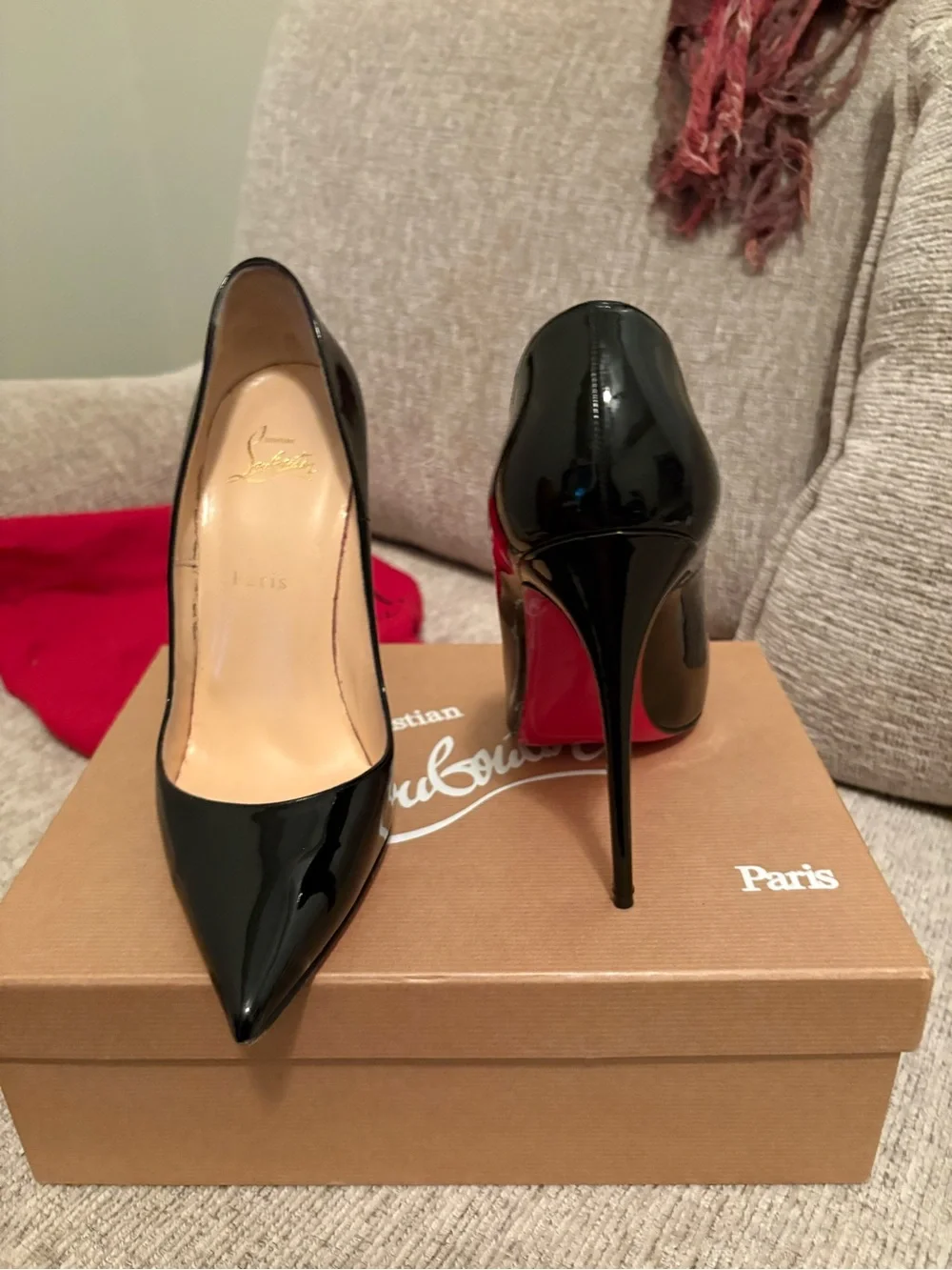 Christian Louboutin Black Patent Pointed-Toe Stilettos with Red Soles